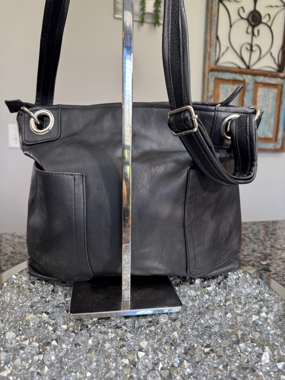 Rossetti Black faux Leather Shoulder Bag - Classic Everyday Tote - Picture 6 of 13